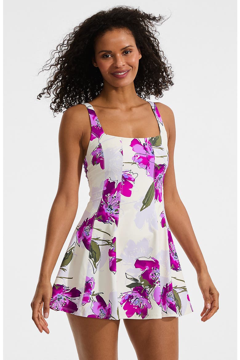Square Neck Corset Seamed Swim Dress, Main, color, Egret/Berry Etched Floral
