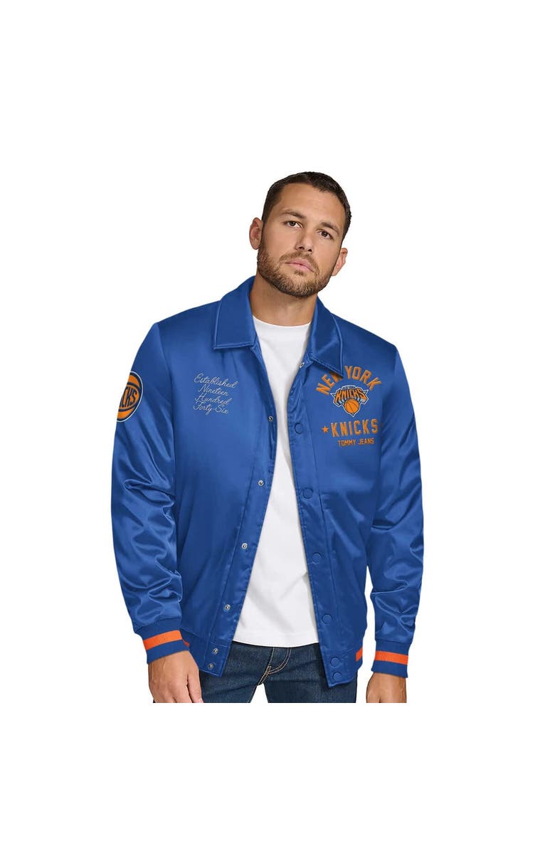 TOMMY JEANS Men's Tommy Jeans Blue New York Knicks Jacob Chain Stitch Applique Full-Snap Varsity Jacket, Main, color, 
