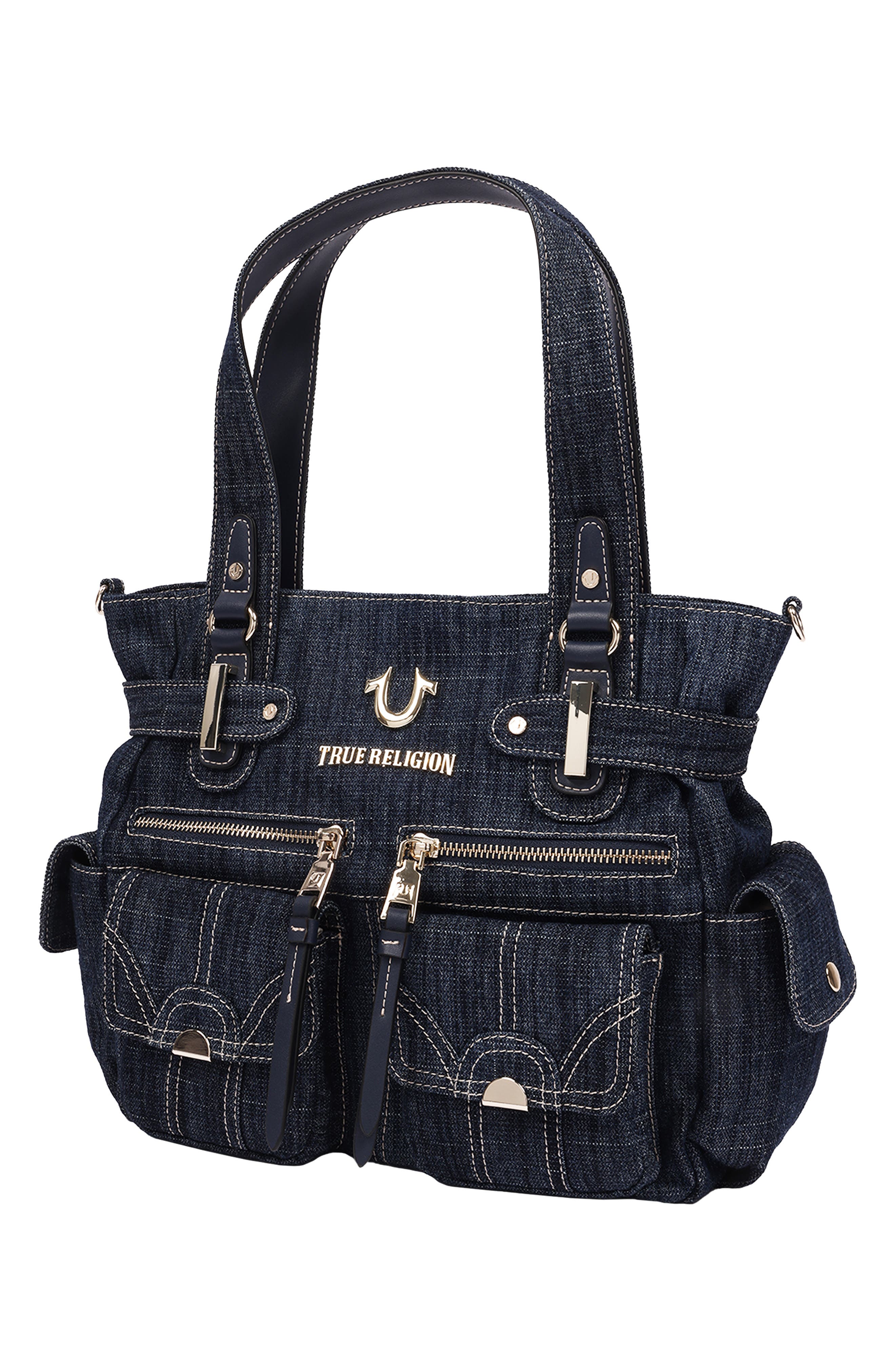 Multi Pocket Denim Tote, Alternate, color, DARK DENIM