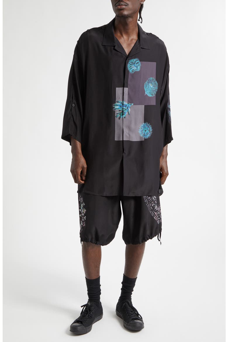Button Shoulder Sea Creature Graphic Silk Button-Up Shirt, Alternate, color, BLACK