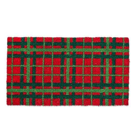Merry Plaid Coir Door Mat Natural Christmas Red Multi