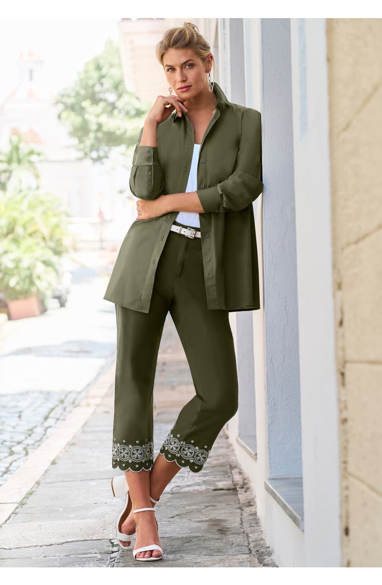 Jessica London Stretch Poplin Classic Cropped Straight Leg Pant, Alternate, color, White Medallion Embroidery