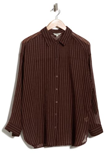 Max Studio Stripe Long Sleeve Button-up Shirt In Brown