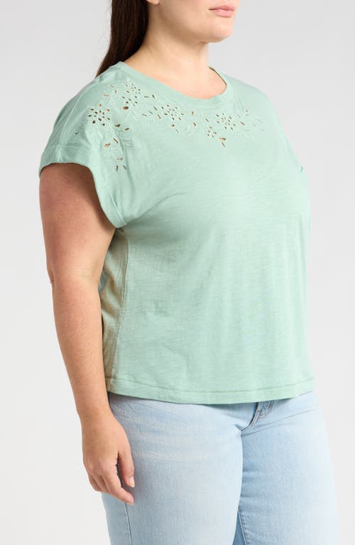 Wit & Wisdom Embroidered Eyelet Cap Sleeve T-shirt In Vintage Jade