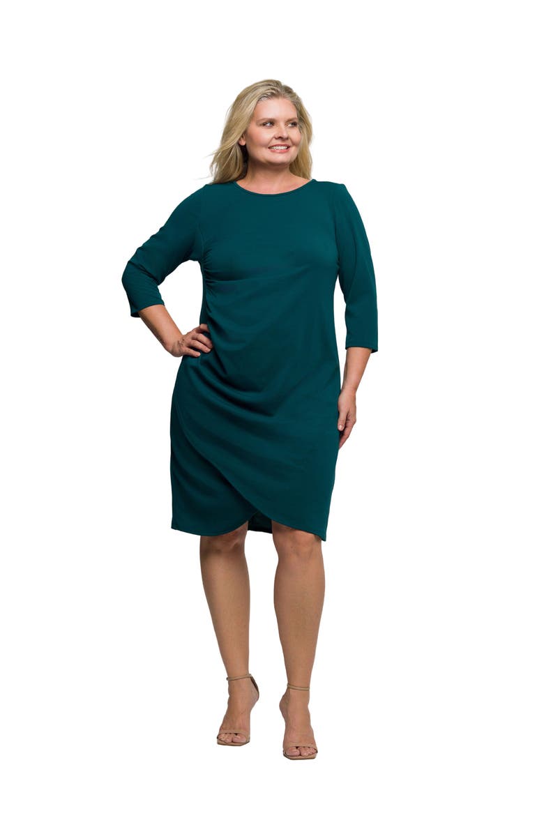 24seven Comfort Apparel Plus Size Three Quarter Sleeve Ruched Tulip Hem Mini Dress, Main, color, Hunter