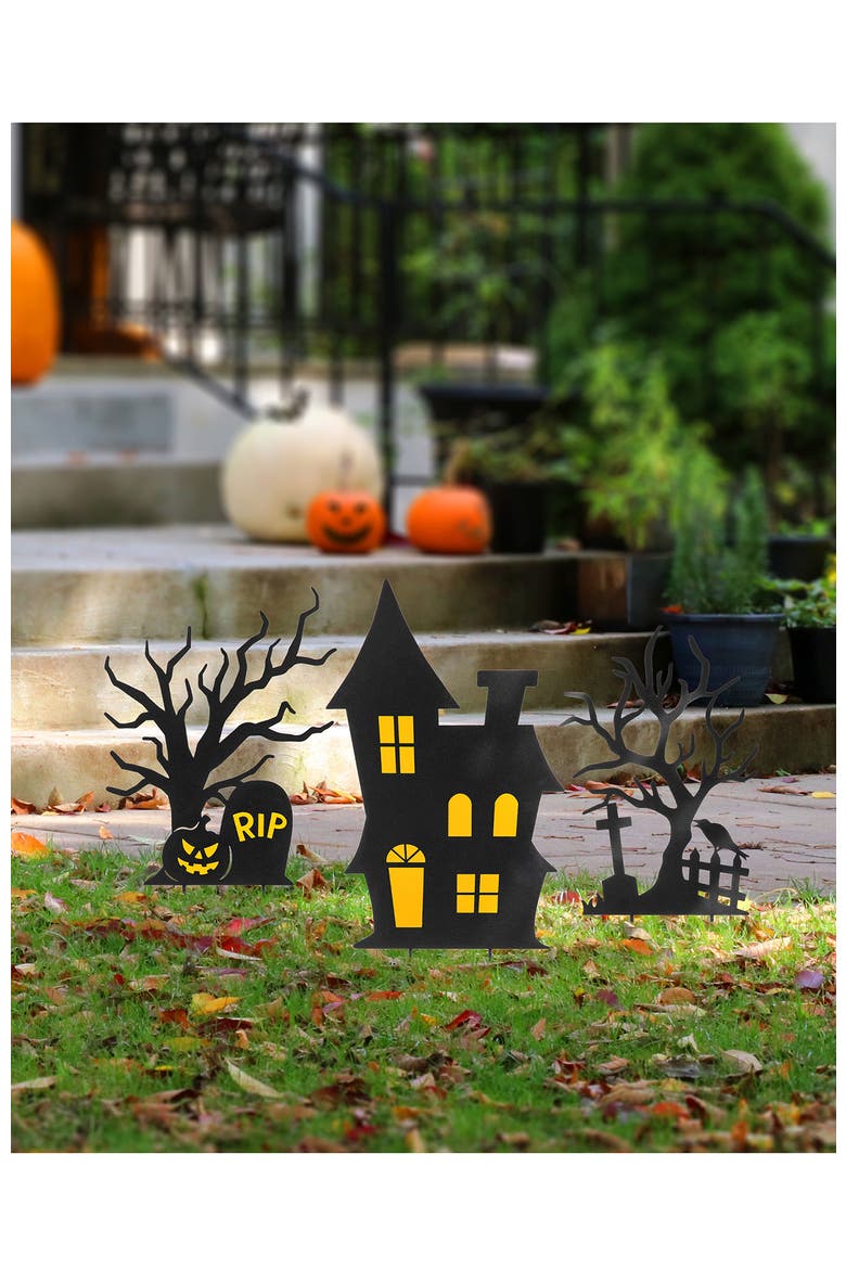 Set of 3 Halloween Metal Haunted House Yard Stake, Alternate, color, Black