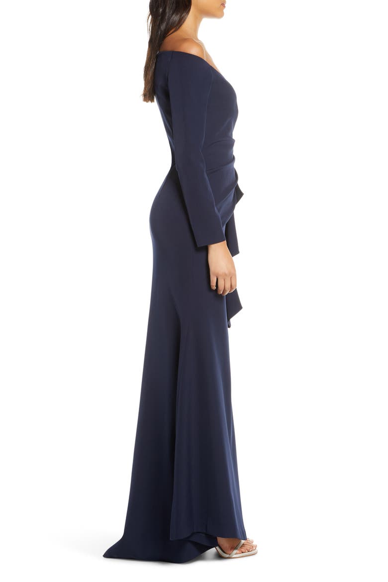 Off the Shoulder Long Sleeve Evening Gown, Alternate, color, NAVY