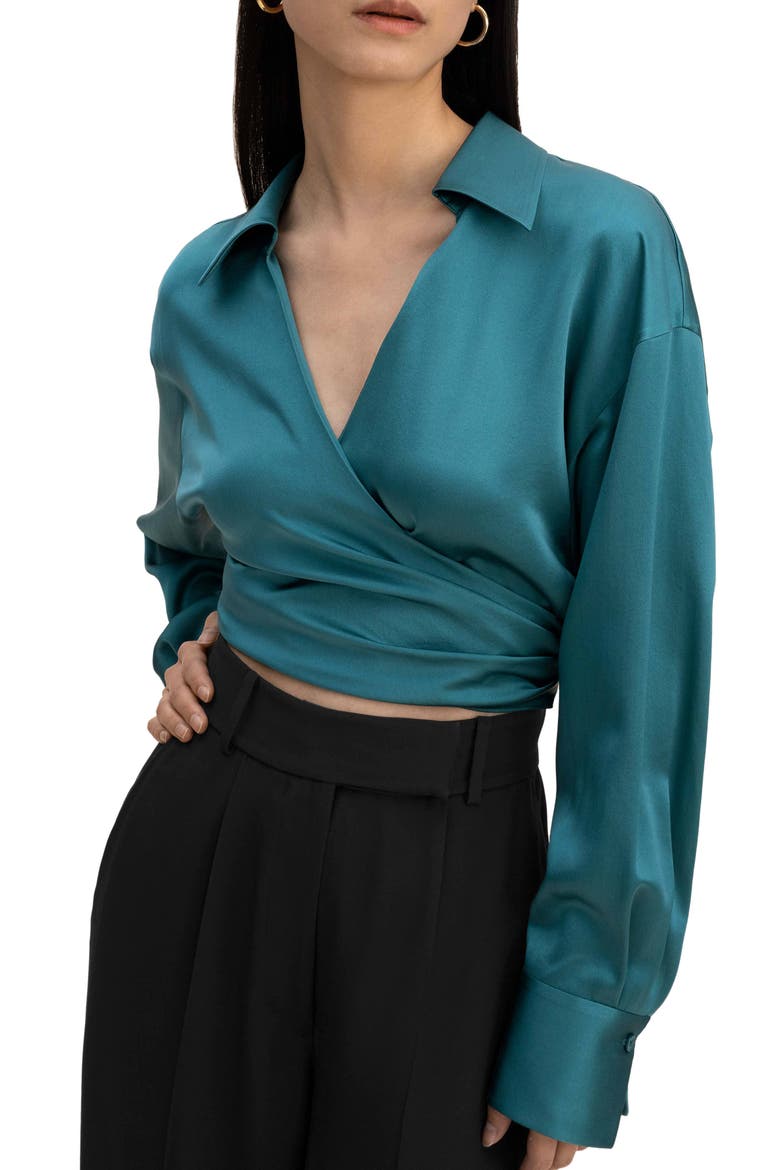 Pure Silk Blouse Wrapover Cropped Shirt, Main, color, Adriatic blue