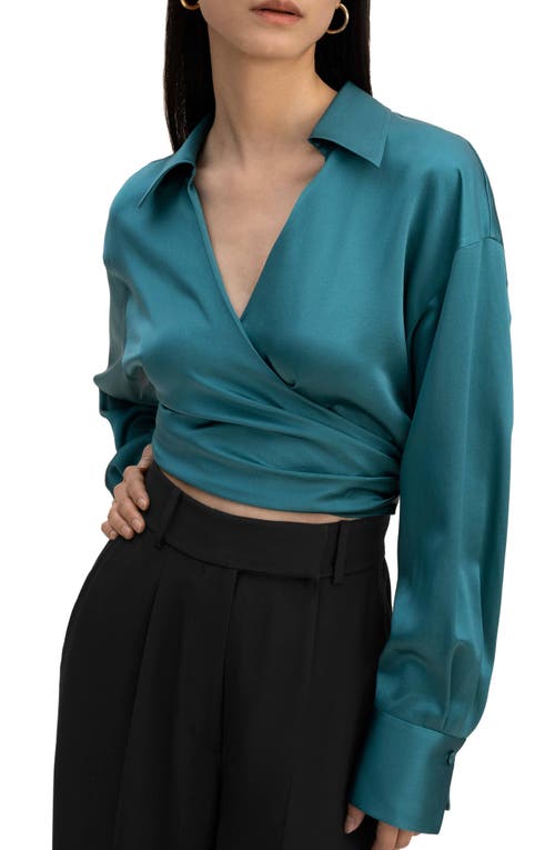 Lilysilk Pure Silk Blouse Wrapover Cropped Shirt in Adriatic Blue at Nordstrom, Size Xx-Large