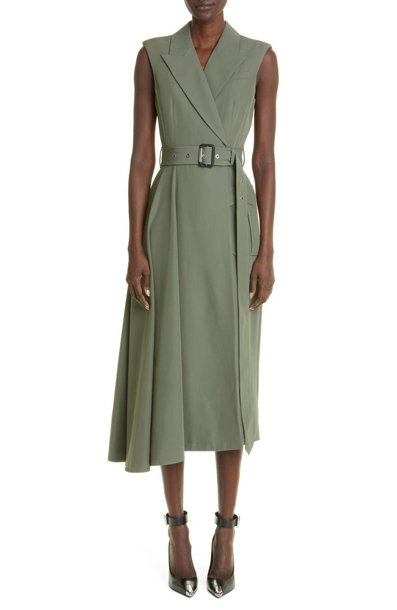 McQueen Asymmetric Drape Sleeveless Wool Blend Midi Dress, Main, color, 