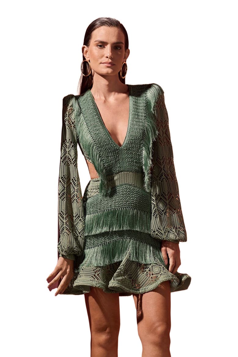 Samba Fringe Long Sleeve Mini Dress, Alternate, color, LIGHT GREEN