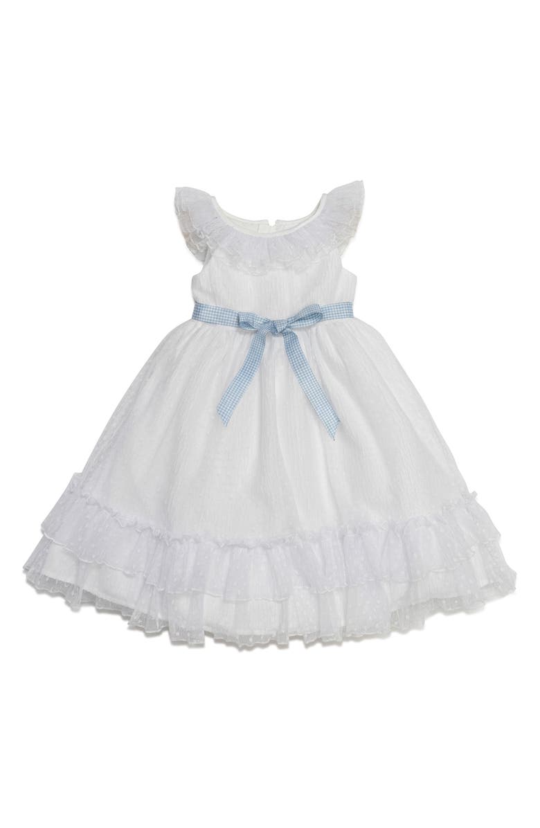Pippa & Julie Kids' Ruth Clip Dot Chiffon Dress, Main, color, White/ Blue