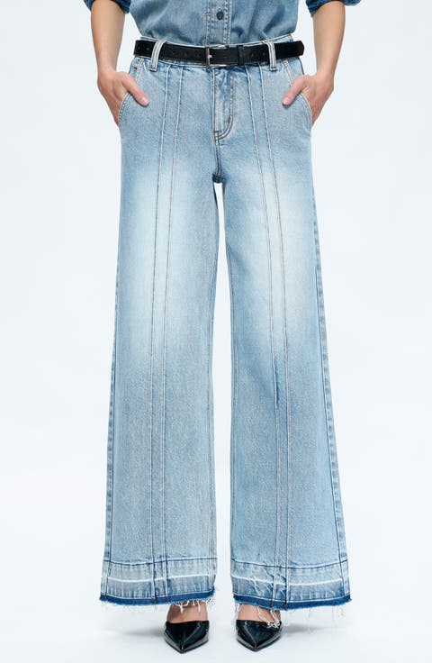 Jermy Seamed High Waist Raw Hem Wide Leg Jeans (Iceberg Blue)
