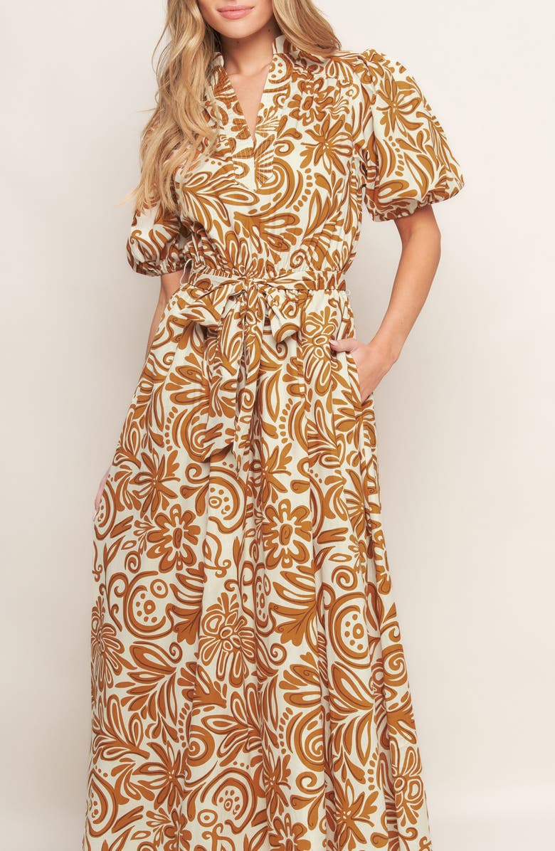 FLYING TOMATO Print Midi Dress, Alternate, color, Ivory Mustard