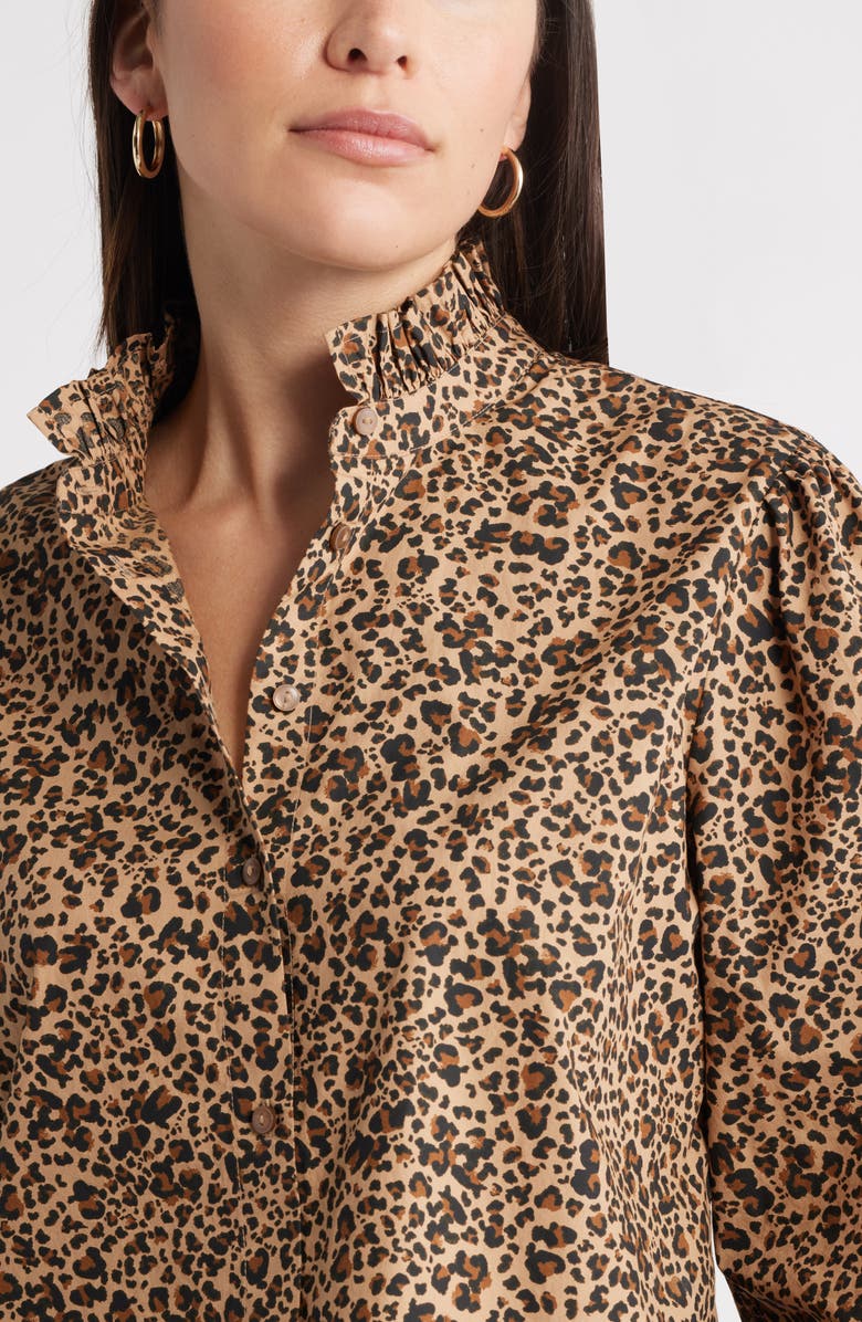 Caslon<sup
®</sup
Ruffle Puff Sleeve Cotton Button-Up Shirt, Alternate, color, Tan Tannin Jackie Leopard