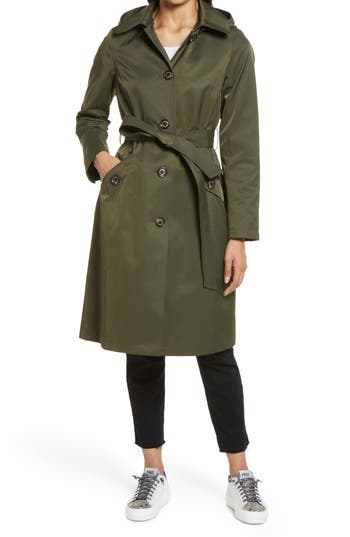Sam Edelman Water Repellent Belted Trench Coat With Removable Hood In Green