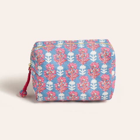 Delhi Embroidered Block Printed 100% Cotton Cosmetic Bag 8X6 In