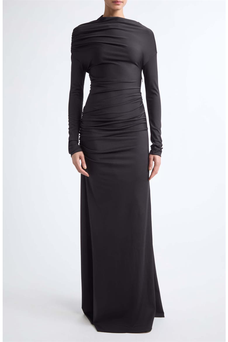 Draped Long Sleeve Column Gown, Main, color, BLACK