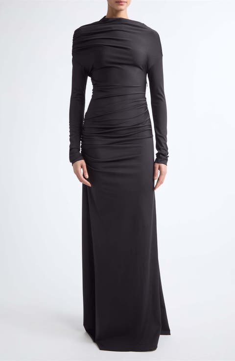 Draped Long Sleeve Column Gown