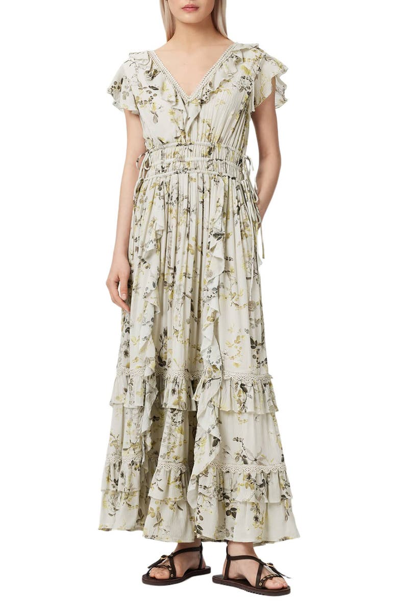 AllSaints Canto Floral Ruffle Maxi Dress, Main, color, Carmel Stem Green