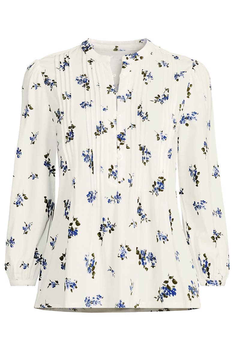 Lightweight Jersey Button Pintuck Top, Alternate, color, Ivory/Blue Bouquet