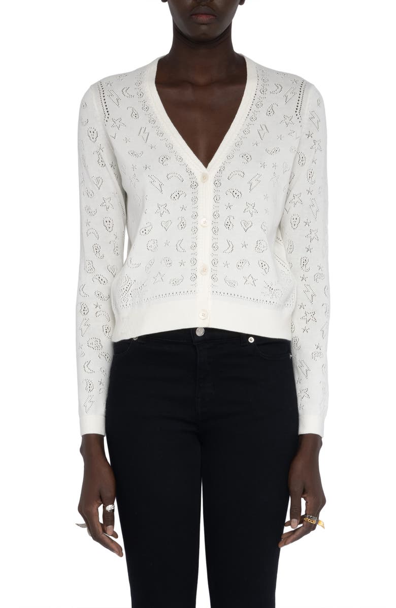 Zadig & Voltaire Manala Bandana Pointelle Cotton Cardigan, Main, color, Eggshell