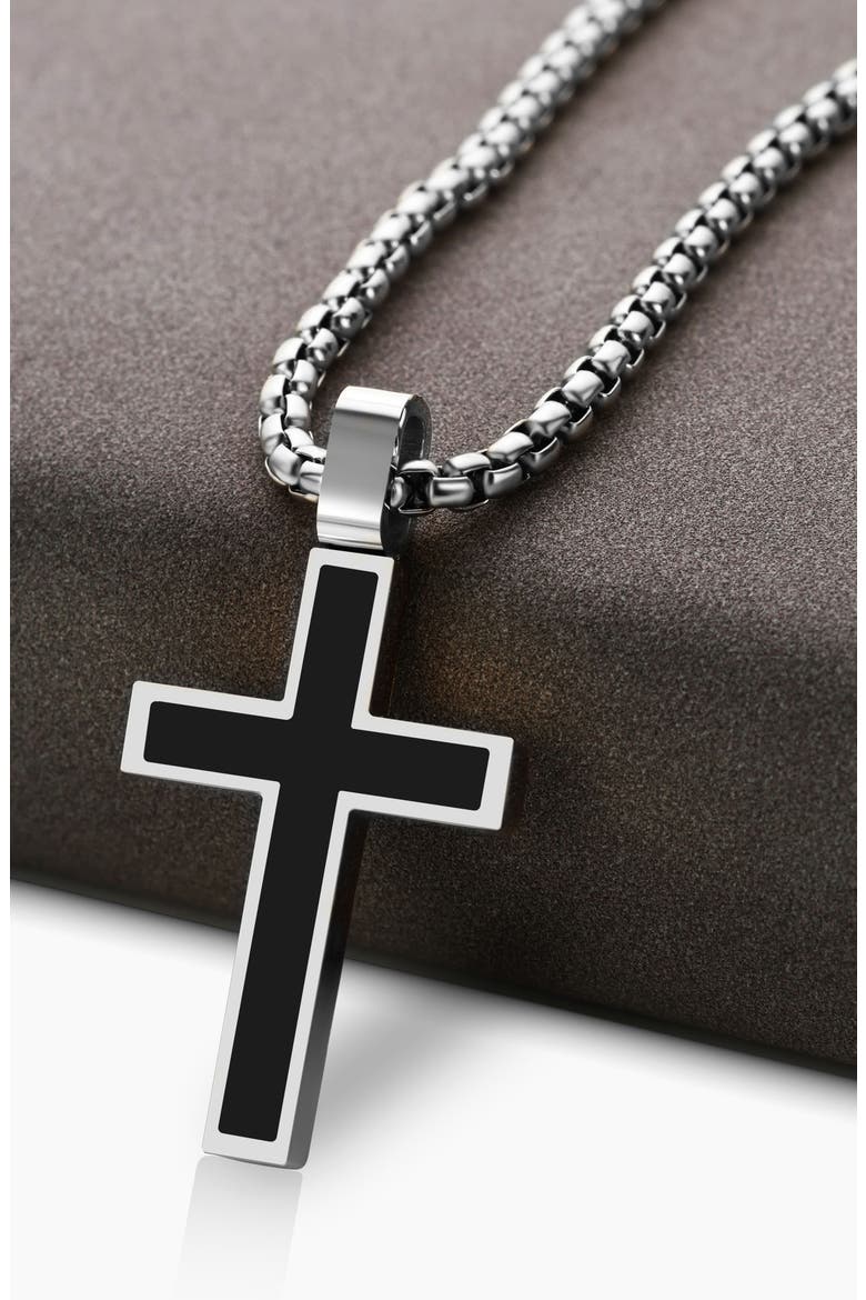 Men's Inlay Cross Pendant Necklace, Alternate, color, SILVER