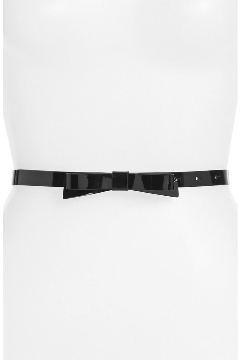 'bow' skinny patent belt, Main, color, BLACK