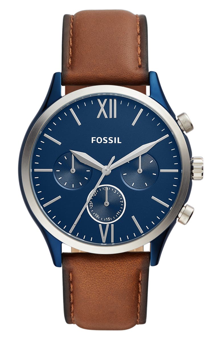 Fossil Men's Fenmore Midsize Multifunction Luggage Leather Watch, 44mm, Main, color,