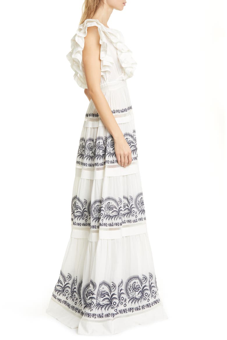 Marjorie Ruffle Embroidered Tier Cotton Maxi Dress, Alternate, color, BLANC