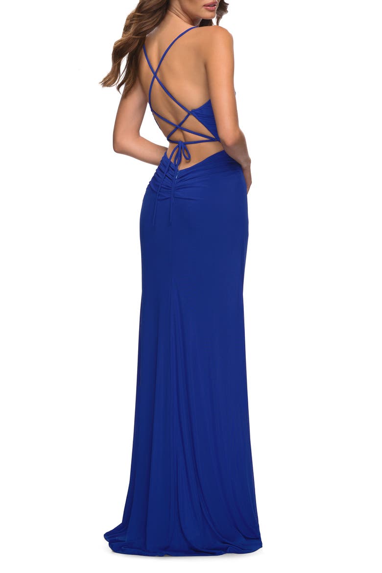 Chic Long Net Jersey Dress with Lace Up Back, Alternate, color, ROYAL BLUE