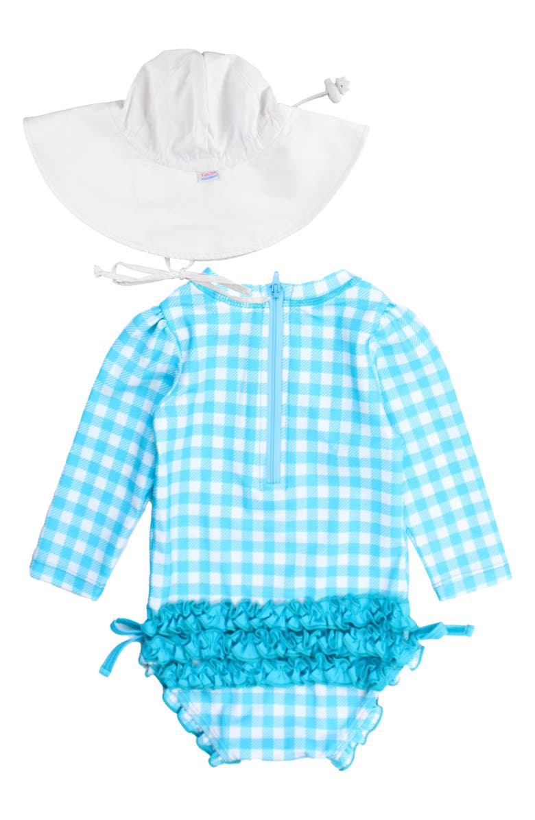 RuffleButts Bright Aqua Gingham Long Sleeve One-Piece Rashguard Swimsuit & Hat Set, Alternate, color, 