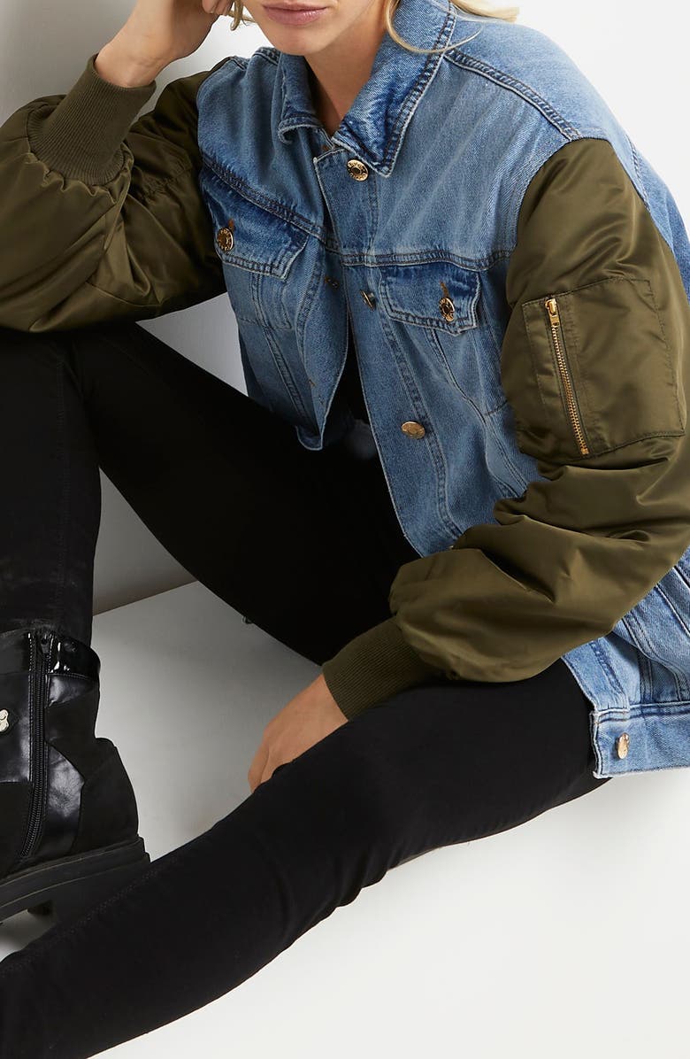 River Island Hybrid Denim Bomber Jacket, Alternate, color, 