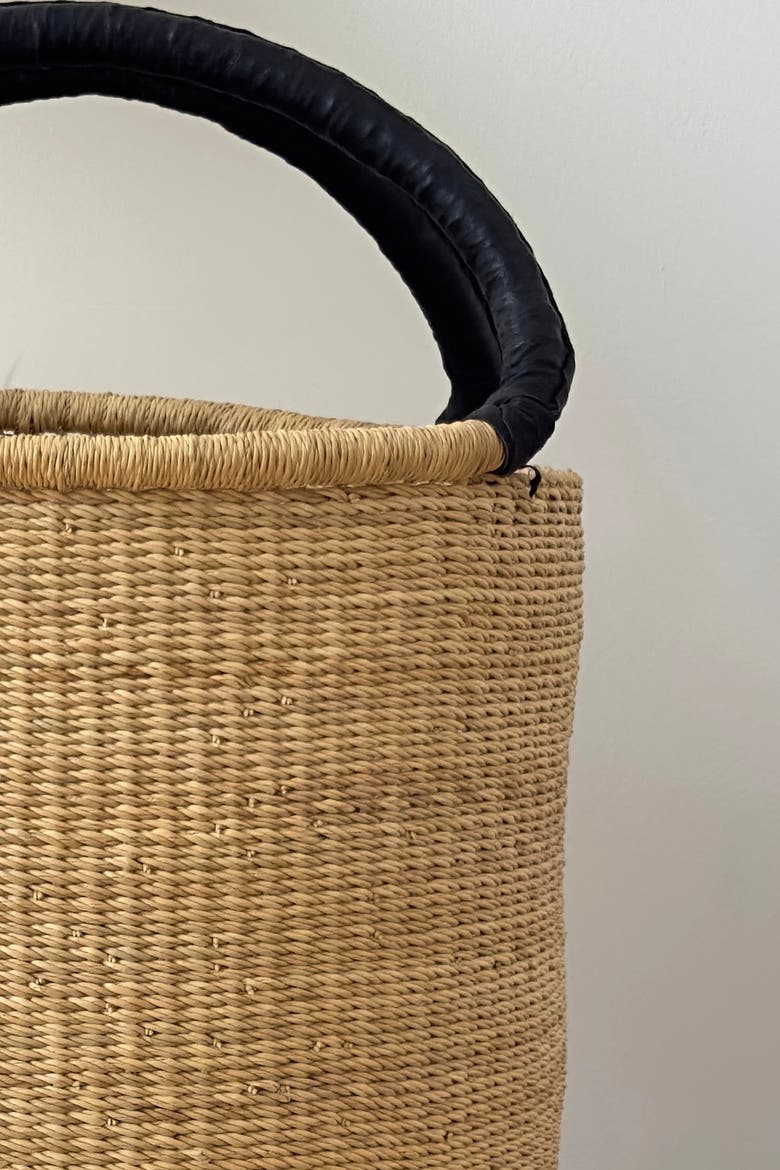 Handwoven Double Weave Hamper Basket with Black Leather Handles, Alternate, color, Natural