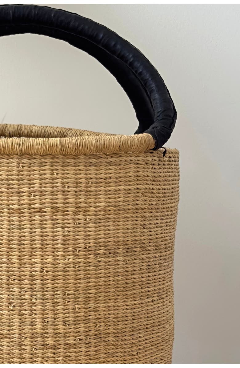 Mbare Handwoven Double Weave Hamper Basket with Black Leather Handles, Alternate, color, Natural