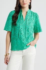 Caslon® Eyelet Split Neck Cotton Top