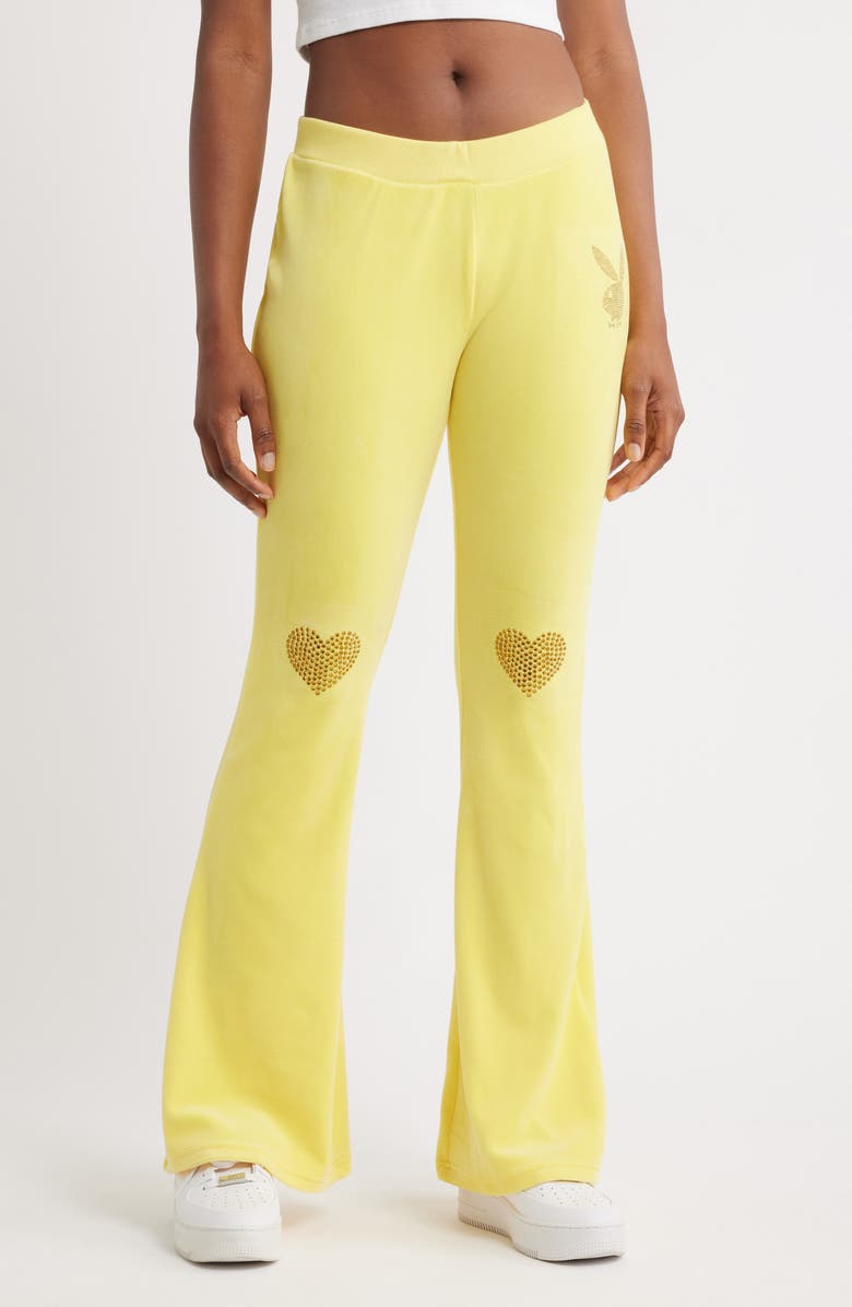 PTCL x Playboy Rhinestone Logo Velour Flare Leg Pants, Main, color, 