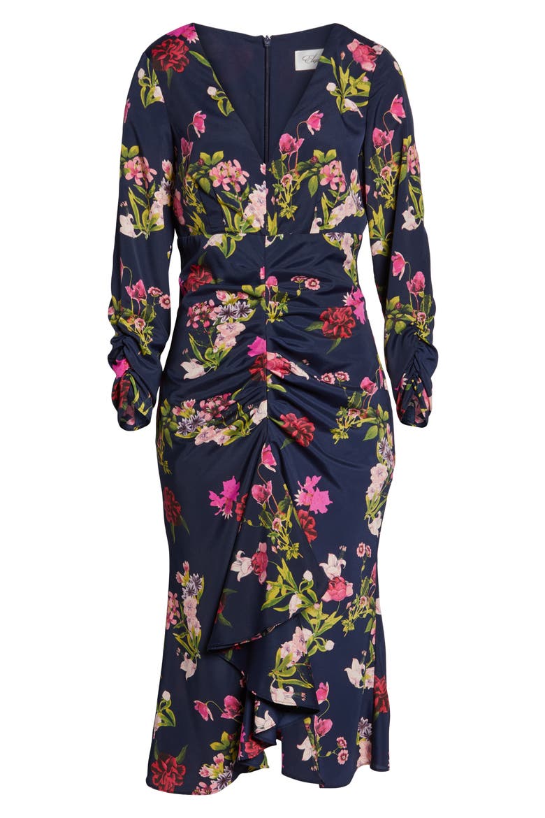Floral Ruched Midi Dress, Alternate, color, NAVY