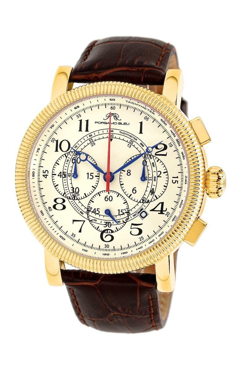 PORSAMO BLEU Men's Phileas Embossed Leather Vintage Style Watch, 48mm, Main, color,