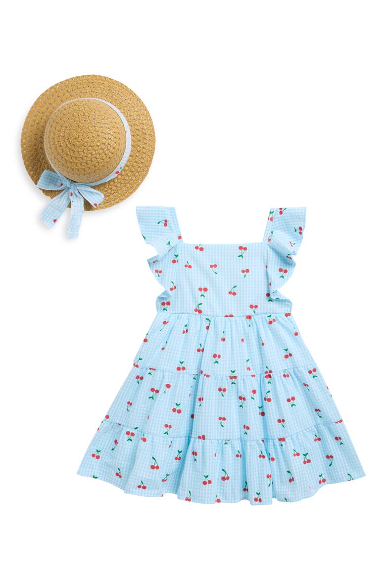 Kids' Cherry Dress & Hat Set, Main, color, LIGHT TURQUOISE