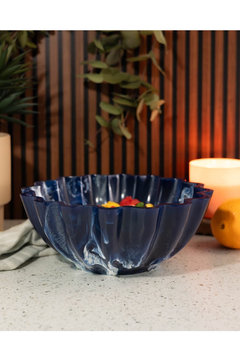 Resin Serving Bowl - Marbled Blue Scalloped Decorative Bowl, Shatterproof 11-Inch Fruit & Centerpiece Bowl for Indoor & Outdoor Luxury Entertaining, Alternate, color, Blue