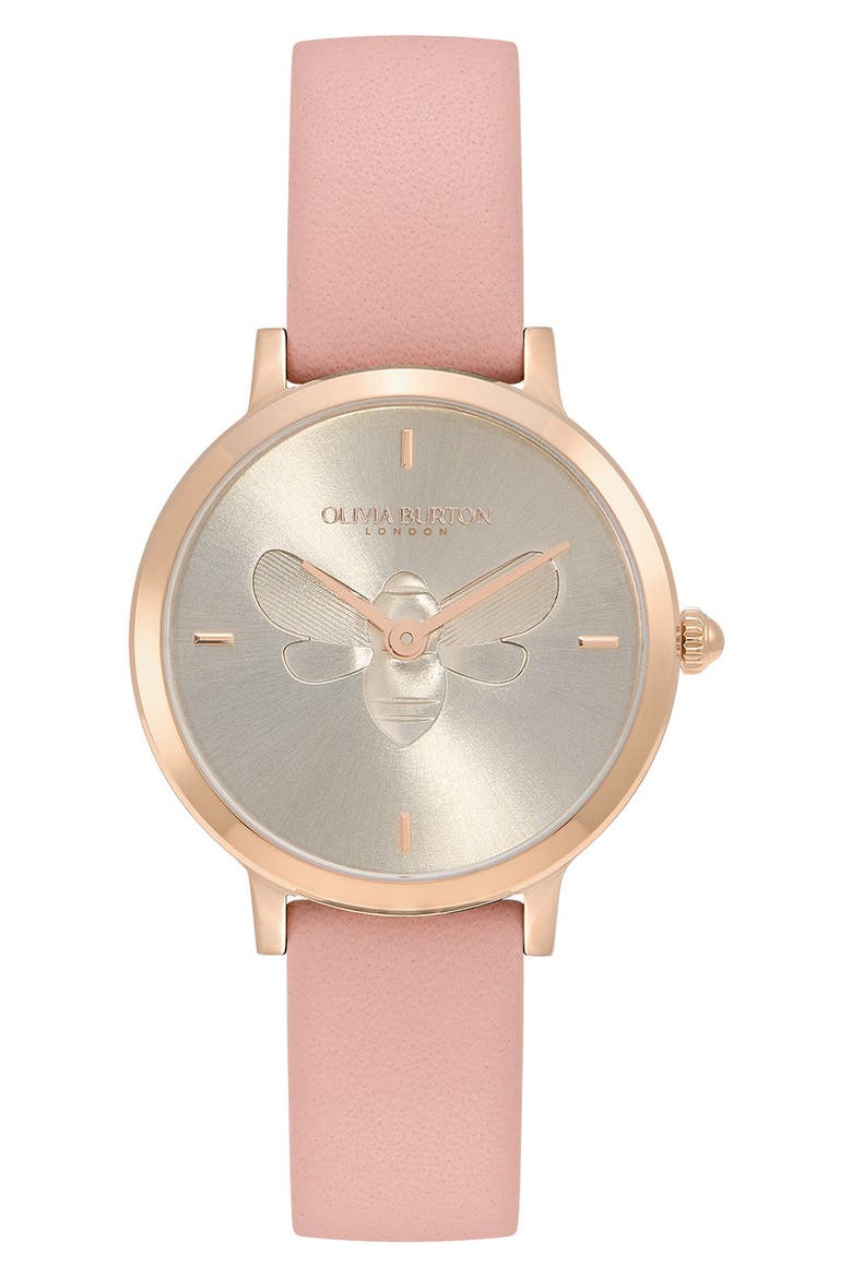 Signature Bees Leather Strap Watch, 28mm, Main, color, GOLD