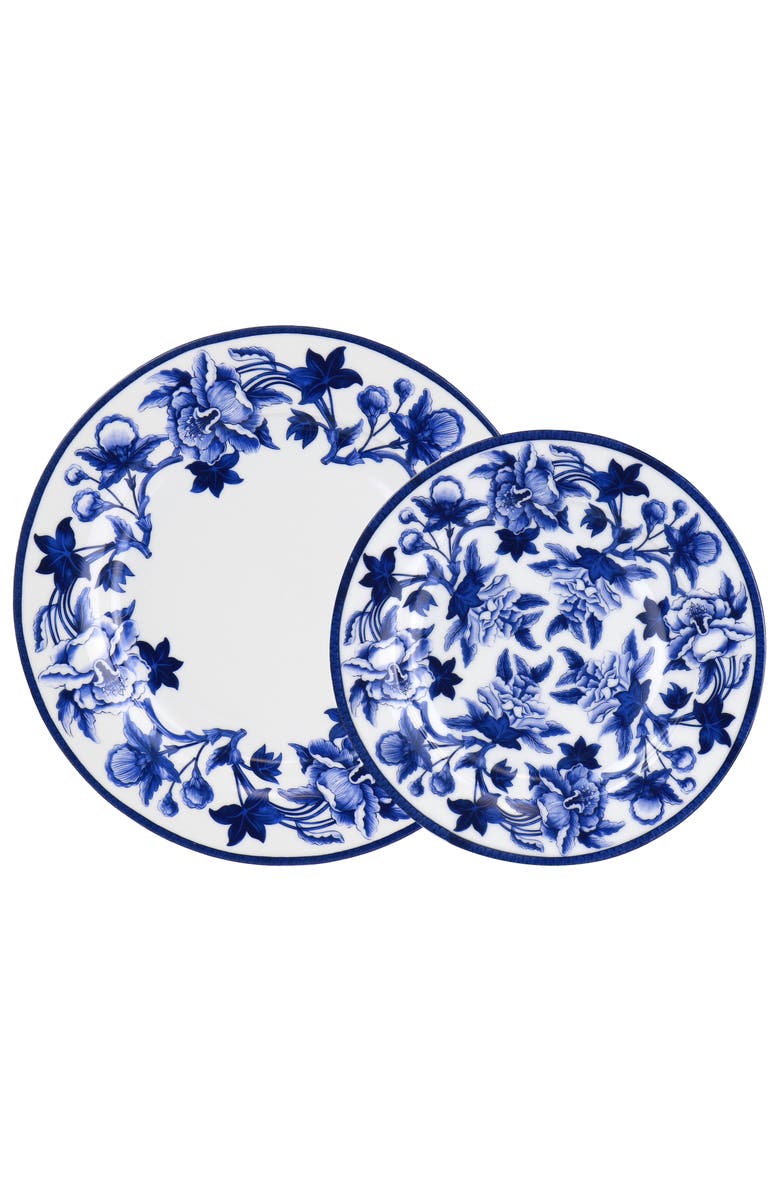 Elama Cattleya Orchid 16 Piece Round Porcelain Dinnerware Set, Alternate, color, Blue