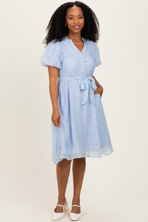 Floral Embroidered Tie Waist Dress