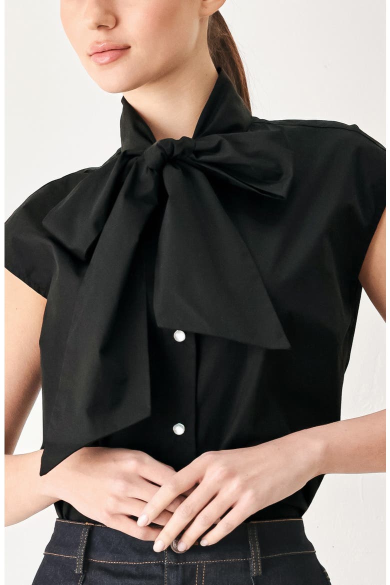Tie Neck Sleeveless Cotton Shirt, Alternate, color, BLACK