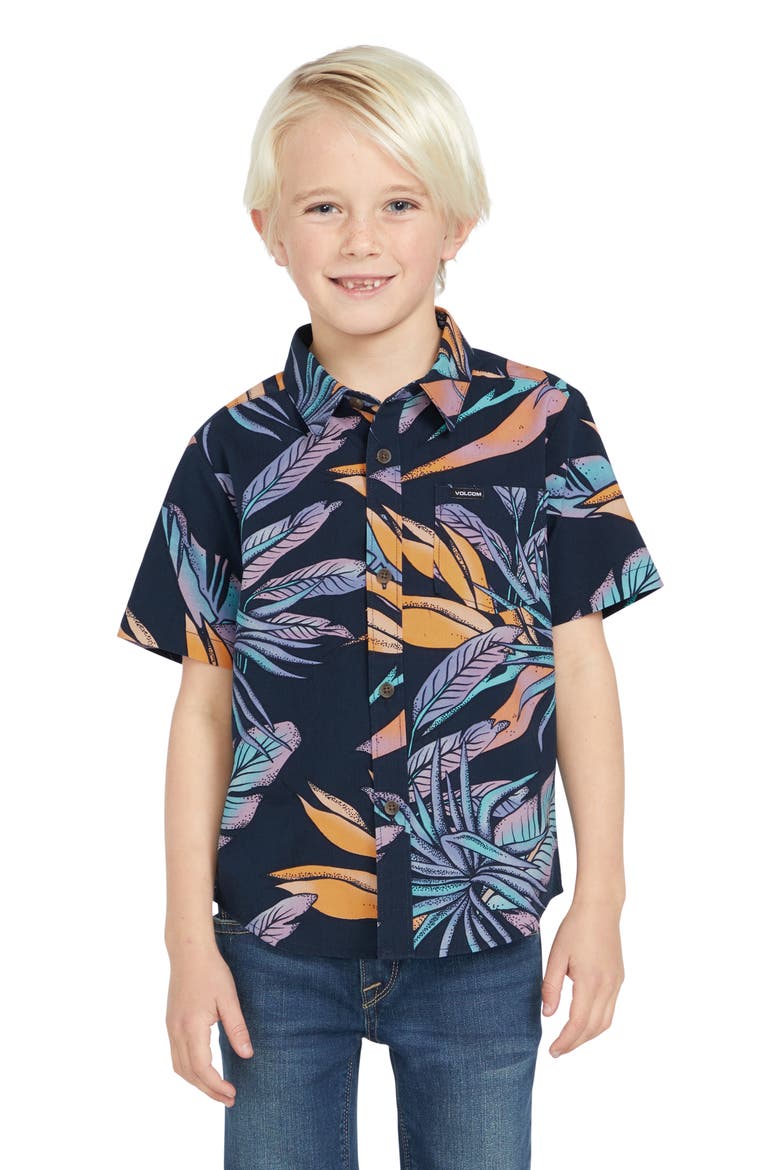 Kids' Indospray Floral Short Sleeve Button-Up Shirt, Alternate, color, NAVY
