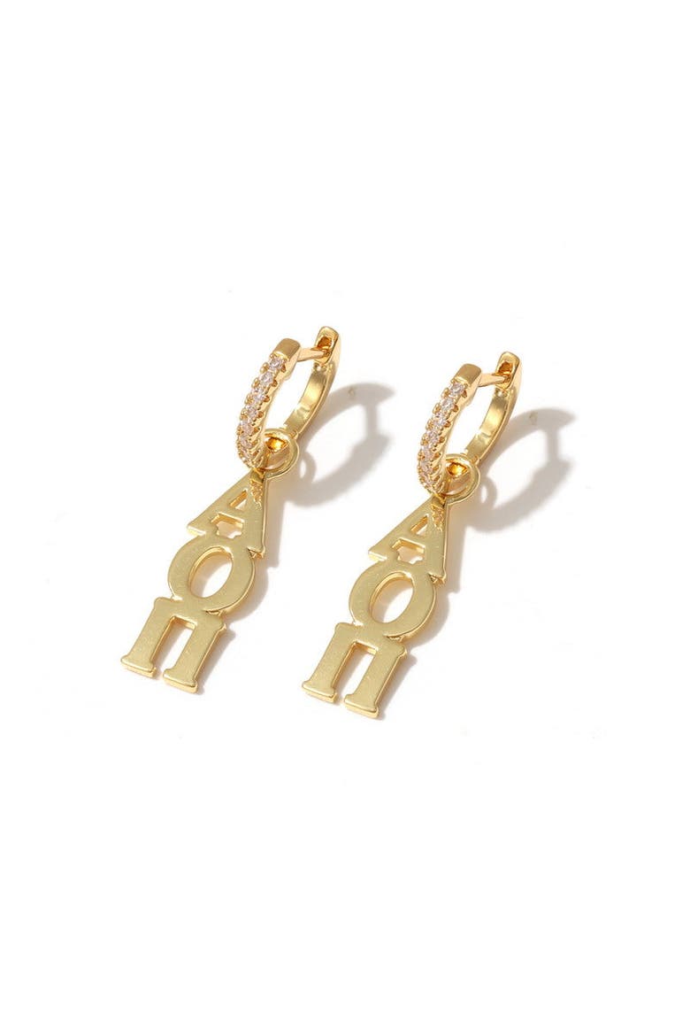 Alpha Omicron Pi Greek Letter Huggie + Charm Earrings, Main, color, Yellow Gold