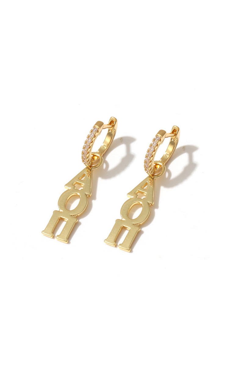 Color Shout Alpha Omicron Pi Greek Letter Huggie + Charm Earrings, Main, color, Yellow Gold