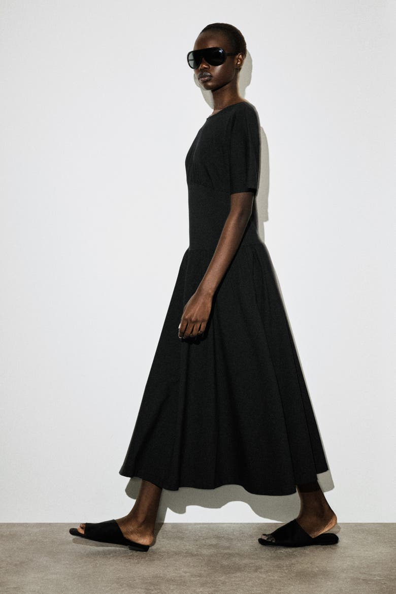 black cotton midi dress with sleeves Black Cotton Waffle Square Neck Tiered Midi Dress 38" / Tall (5'7" and above)