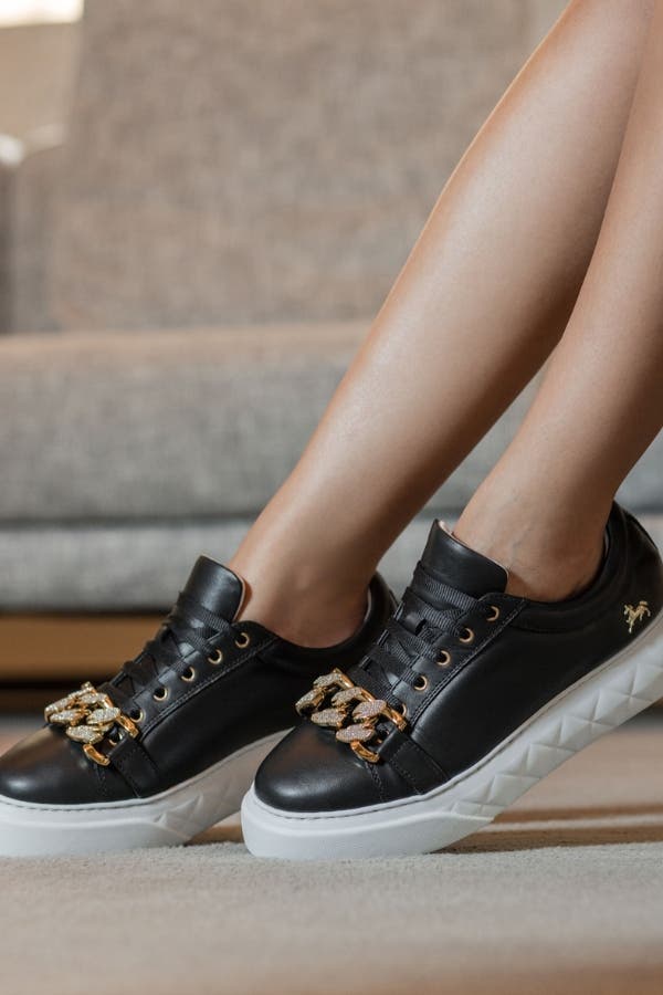 Golden Grace Leather Sneakers, Alternate, color, Black